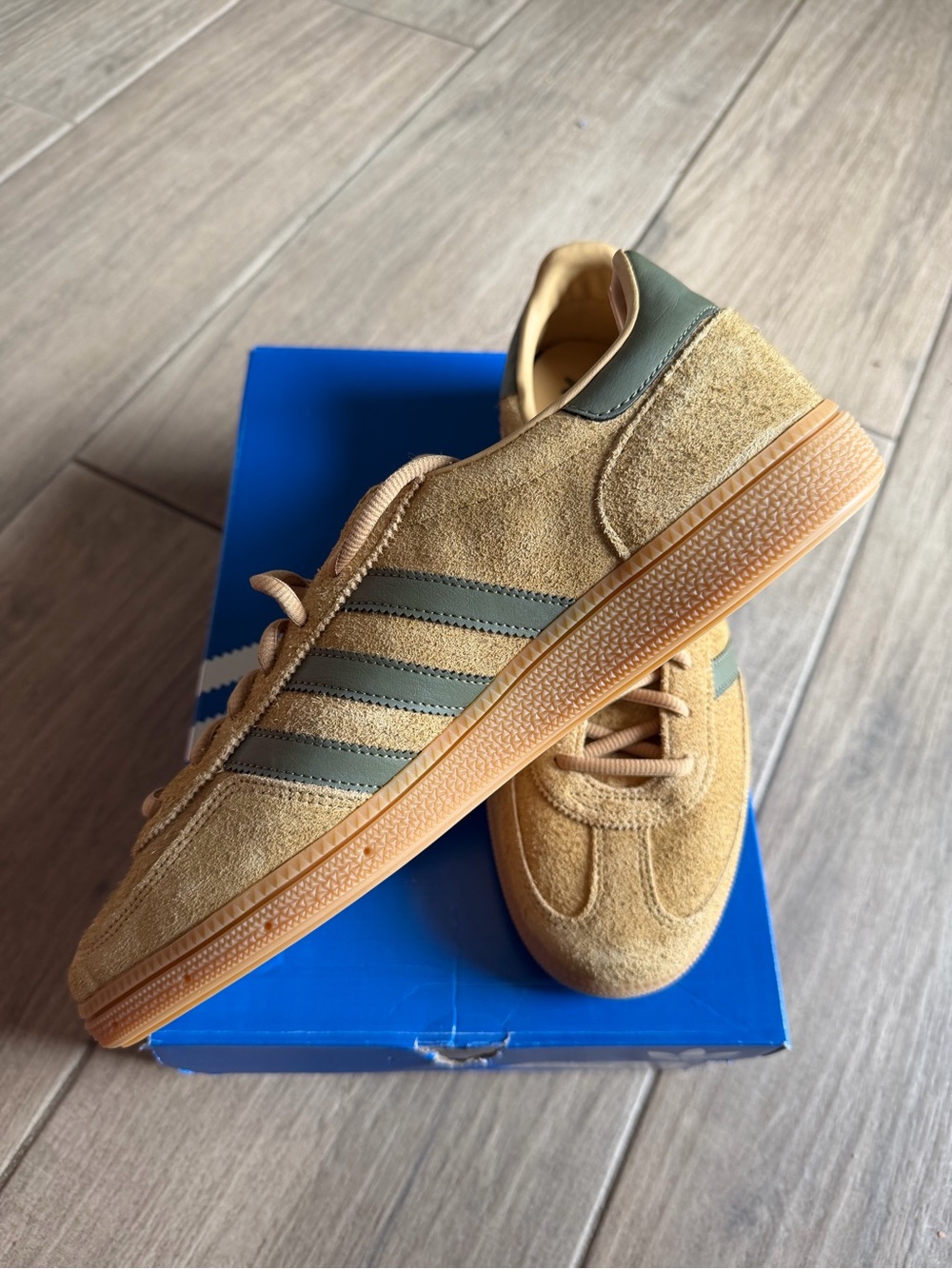 adidas Handball Spezial Sneakers in Tan with Green Stripes - Picture 4 of 7